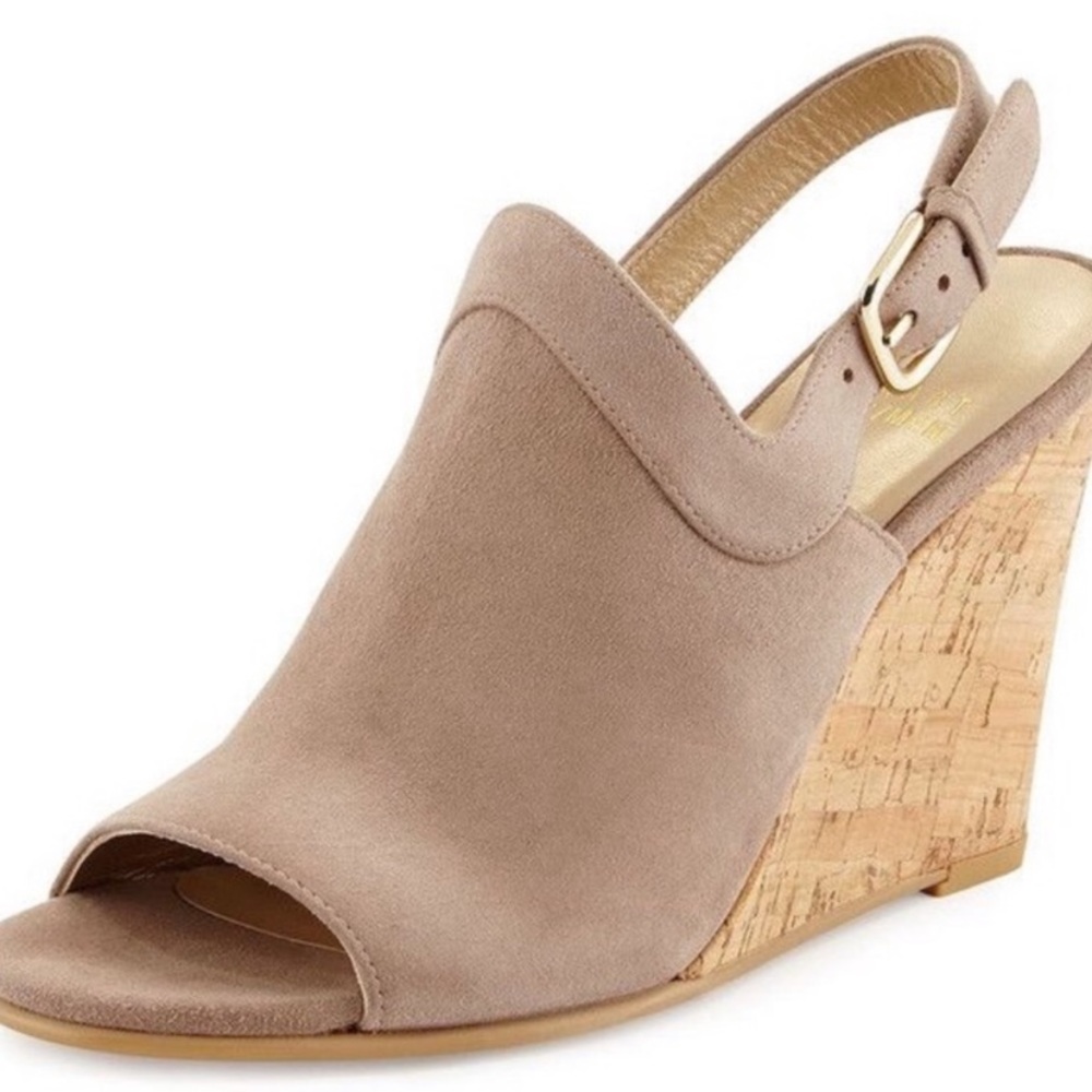 Stuart Weitzman Tan Suede Cork Wedge Sandals